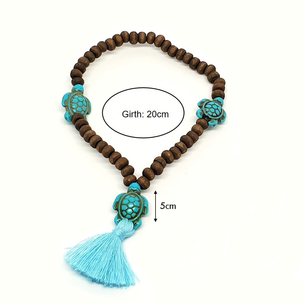 Turtle Bead Anklet With Blue Tassel