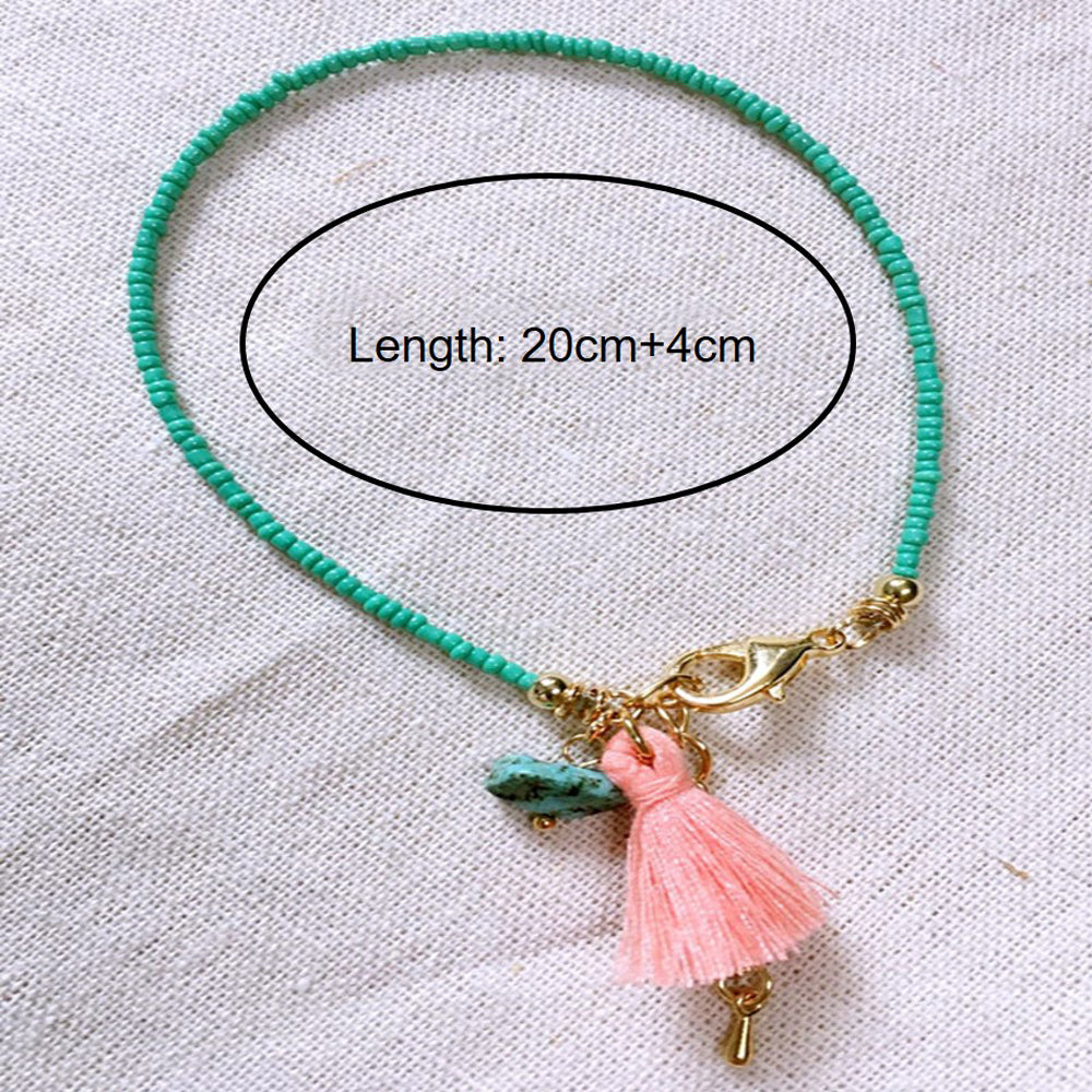 Boho Bead Anklet With Pink Tassel